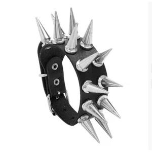 New Unisex Black Metal Spike Studded Punk Rock Biker Wide Strap Leather Bracelet - Picture 1 of 6