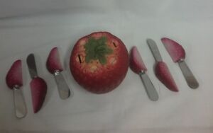 Decorative Cheese Spreader Knives Lot of 6 with strawberry handles and holder