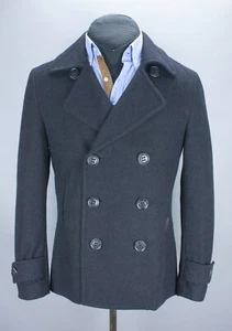 Superdry Commodity Slim Pea-Coat Mens Dark Gray Size M Wool Blend Military Style - Picture 1 of 23