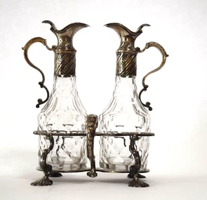 18 Century UK British Crystal Oil Vinegar Carafes Sterling Silver Jeremiah King - Picture 1 of 23