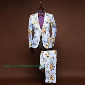 Men's Groom Wedding Dress Printed Floral Suit 2PCS Blazer Pants Party - Picture 1 of 11