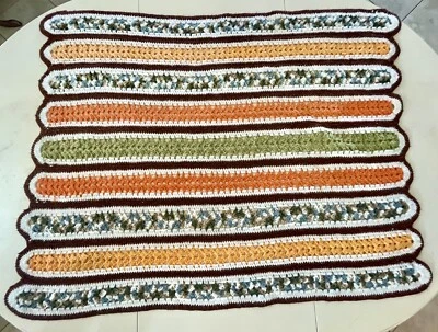 Vtg Crochet Afghan Blanket/Runner Orange Brown White Green Blue Lines/Rows 46x37 - Изображение 1 из 4