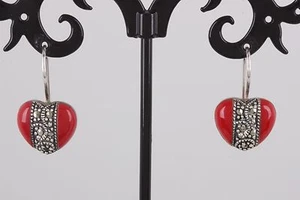 STERLING SILVER RED & HEMATITE STONES HEART EARRINGS FINE 925 2168B - Picture 1 of 1