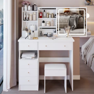 37-inch Left-Drawer Vanity Table with Stool-Touch Control LED Mirror for Bedroom - Picture 1 of 9