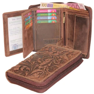 Leder Geldbörse mit Reißverschluss Portemonnaie Geldbeutel  Börse Damen Blumen - Bild 1 von 7