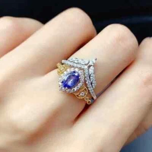 2.00Ct Oval Cut Simulated Tanzanite Bridal Ring Set 14k Two-Tone Gold Plated - Picture 1 of 5