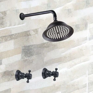 Black Brass Shower Faucet Set 8.2" Round Head Rain Mixer Valve Wall Mount Tap - Picture 1 of 8