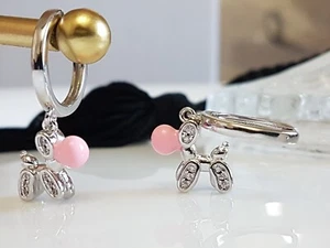 925 Silver Pink Enamel Baloon Dog Hoop Earrings with Sparkling CZ Zirconia •A282 - Picture 1 of 14