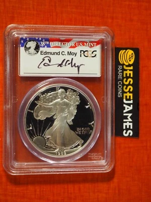 1989 S PROOF SILVER EAGLE PCGS PR69 DCAM EDMUND MOY HAND SIGNED FLAG LABEL - Image 1 of 2