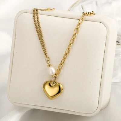 Woman 18K Gold Plated Stainless Steel Heart Charm Baroque Pearl Chain Necklace - Image 1 of 4