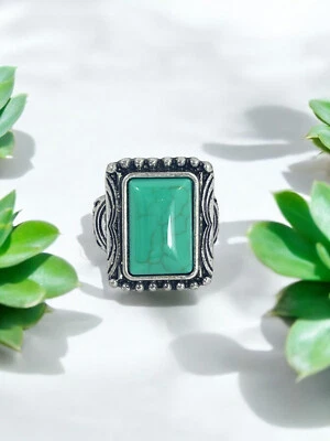 Anillo Cuadrado Piedra Howlita Vintage Imitación Turquesa Western Boho Moda Anillo Foto 1 de 4
