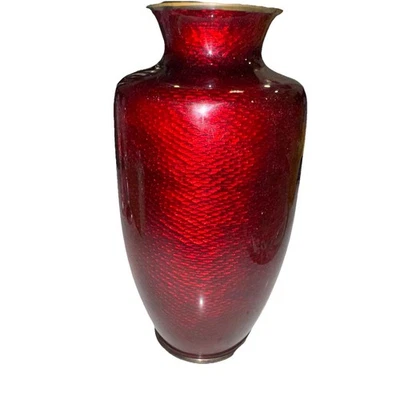 "Florero cloisonné vintage de 7"" esmalte Akasuke Gunnar de bambú rojo sangre de paloma" Foto 1 de 4