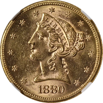 1880-S Liberty Gold $5 NGC MS63 Superb Eye Appeal Strong Strike - Image 1 of 4