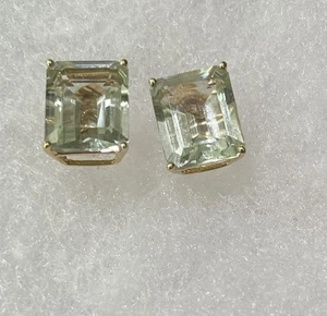 14k Yellow Gold Prasiolite Green Amethyst Rectangular Stud Earrings 20x 13mm - Picture 1 of 11