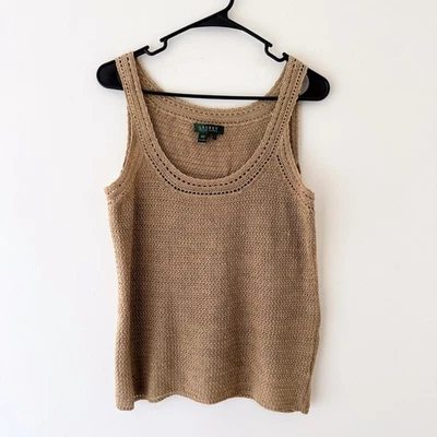 Lauren Ralph Lauren 100% Linen Knit Tank Top Brown Open Weave Minimalist L - Image 1 of 4