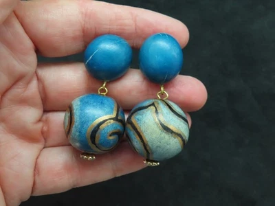 Vintage Ohrringe 80er Jahre Holz Spirale Kugel - Bild 1 von 4