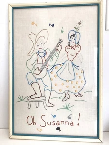 VTG OH SUSANNA Hand Embroidery Framed Western Cowboy Music 15.5” x 10.5” Granny - Picture 1 of 9