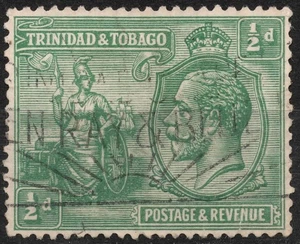 SG218 Sn:#21 used ½ d 1922 TRINIDAD & TOBAGO King George V and Britannia - Picture 1 of 2