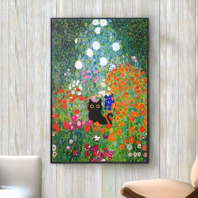 Gustav Klimt Jardín Flores Gato Negro: Arte de Pared en Lienzo, Divertido Póster Enmarcado Foto 1 de 2