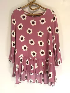 Mister Zimi Sz 12 Musk Pink& Brown Flowers Viscose3/4 Sl Frill Tunic Top - Picture 1 of 8