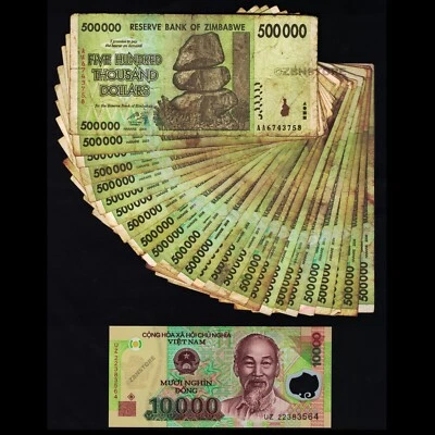 10.000 Dong Vietnam + 25 x 500.000 Dólares Zimbabwe Paquete Moneda Papel Monedo Foto 1 de 4