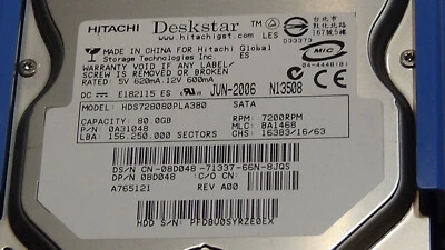 Hitachi Desktar Mic HDS7208080PLA380 RPM 7200 80GB MLC BA1468  - Image 1 of 3