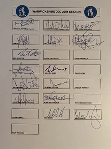 Warwickshire CCC 2001 County Cricket Club Hand Signed Team Sheet (15 Autographs) - Picture 1 of 1