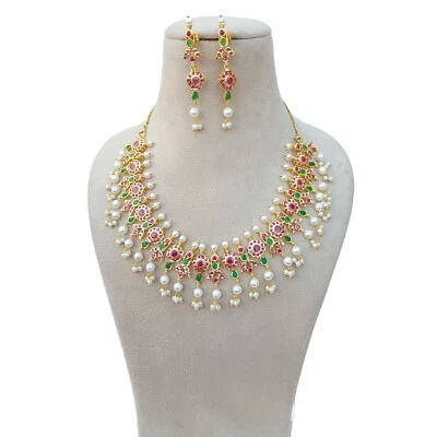 Gargantilla collar pendiente joyería india Bollywood chapado en oro rubí esmeralda perlas Foto 1 de 4