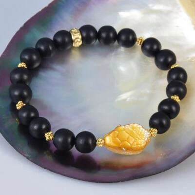 8 in Bracelet Ebony Mother-of-Pearl Snake Head Bead & Vermeil Sterling 19.26 g - Image 1 of 4