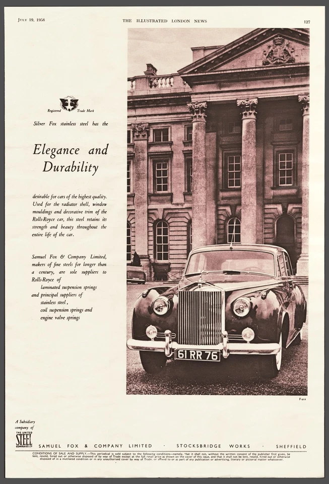 1958 年塞缪尔·福克斯银狐劳斯莱斯复古印刷广告经典汽车墙艺术 — 第 1/1 张图片