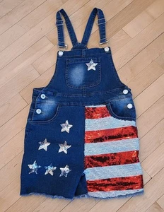 Kids Stars & Stripes Denim Overall Shorts Size 5XL US Flag 4th of July - Picture 1 of 6