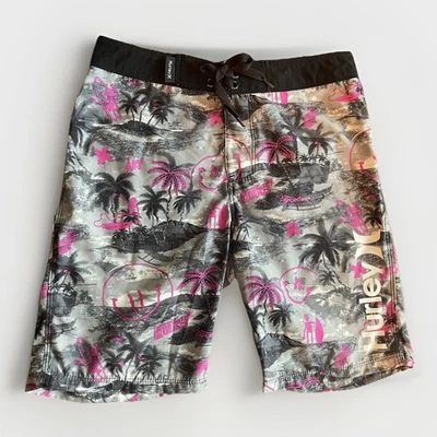 Hurley Boys 10/25 Surf Beach Swim Trunks Skeletons Smiley Black Pink - Image 1 of 4