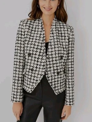 Ann Taylor Fringe Tweed Double Breasted Jacket Preppy Black And White Size 10 - Image 1 of 4