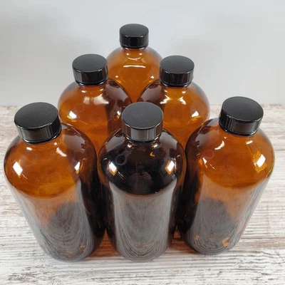 Botellas de vidrio redondas Boston ámbar de 16 oz, paquete de 6 con tapa de cono de polietileno negro usadas/limpias Foto 1 de 4