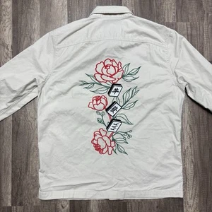 Hollister Shirt Mens Small Beige Embroidered Asian Floral Utility Button Up - Picture 1 of 8