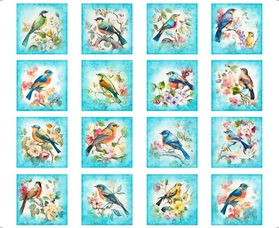 Quilting Treasures - Birdsong - 36.5" Bird Picture Patches Panel - Aqua - Image 1 of 4