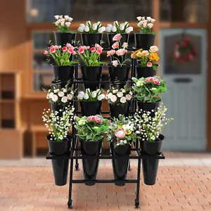 Plant Stand & Wheels, Flower Display Stand w/Buckets , Moving Plant Cart Shelf - Picture 1 of 21