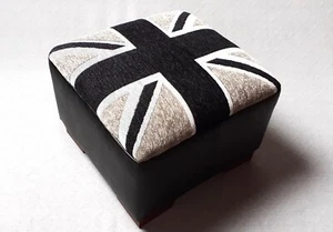 Footstool / Union Jack chenille upholstery fabric top- Black faux leather sides - Picture 1 of 16