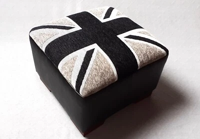 Footstool / Union Jack chenille upholstery fabric top- Black faux leather sides - Image 1 of 4