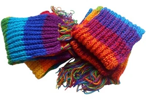 Fair Trade Nepalese Hippy Boho Rainbow Wool Striped Festival Scarf With Fringe - Picture 1 of 7