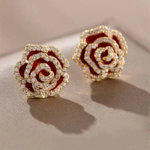 Charm Rose Flower Stud Earrings Jewelry 18K Gold Plated S925 Needle Jewelry - Picture 1 of 9
