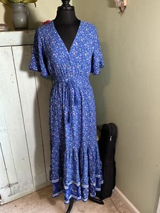 R. Vivimos langarmiges Maxikleid blau Blumenmuster Boho Baumwolle V-Ausschnitt klein - Bild 1 von 5