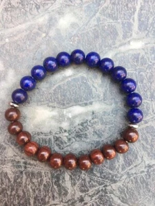 Lapis Lazulli and Red Wood with Silver Hematite Disc 8.00mm Stretchable Bracelet - Picture 1 of 1