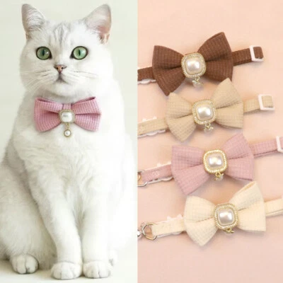 20-35cm Adjustable Waffle Cat Collar Pearl Bowknot Dog Neck Collar Necklace ~ - Image 1 of 4