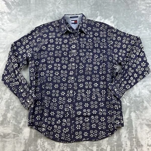 Tommy Hilfiger Shirt Mens Medium Blue Floral Print Long Sleeve Button Up - Picture 1 of 6