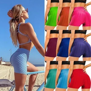 Ladies High Waist Honeycomb Ruched Booty Anti-Cellulite Push Up Butt Lift Shorts - Picture 1 of 25