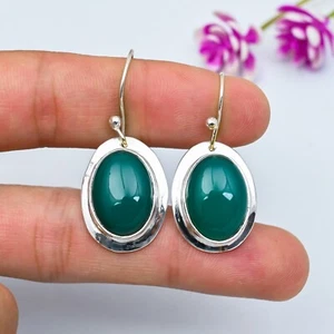 Natural Green Onyx Gemstone Earring Handmade 925 Sterling Silver Jewelry Gifts - Picture 1 of 5
