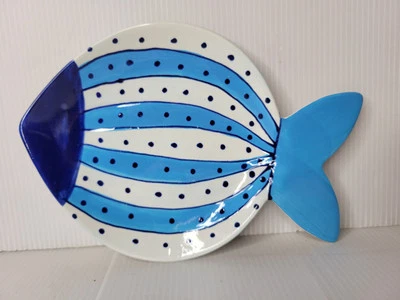 Two's Company Fish Dish Plate Serving Platter Blue 8" Vintage Some Crazing - Imagem 1 de 4