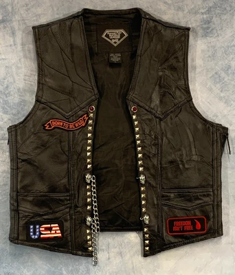 Chaleco de motocicleta de cuero de búfalo con placa de diamante para hombre L bordado motociclista Foto 1 de 4