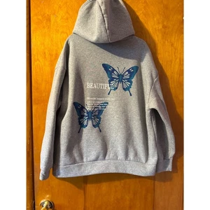 Hermosa sudadera con capucha gris mariposa estampado gráfico suéter para mujer mediana - Imagen 1 de 5